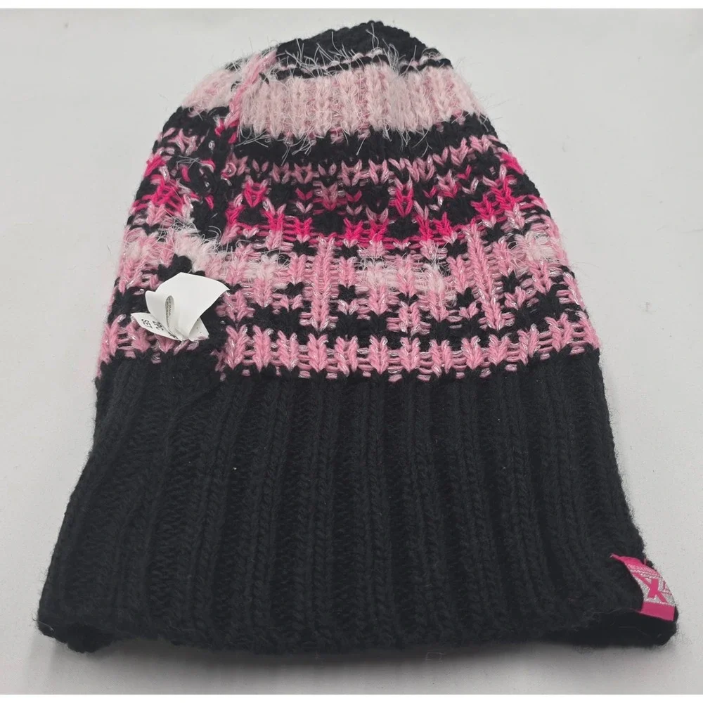 ZeroXposur Beanie‎ Women M/L Black Pink Fair Isle Pom Pom Knit Hat